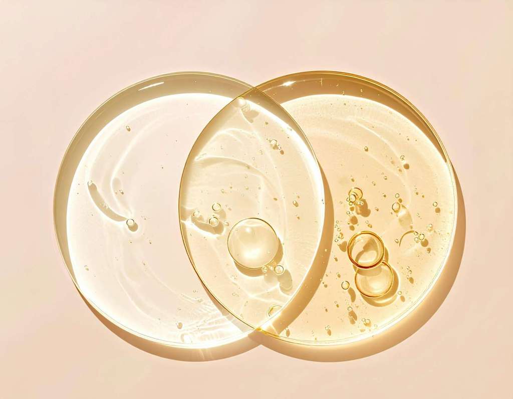 Two viscous liquids overlap on a neutral background.